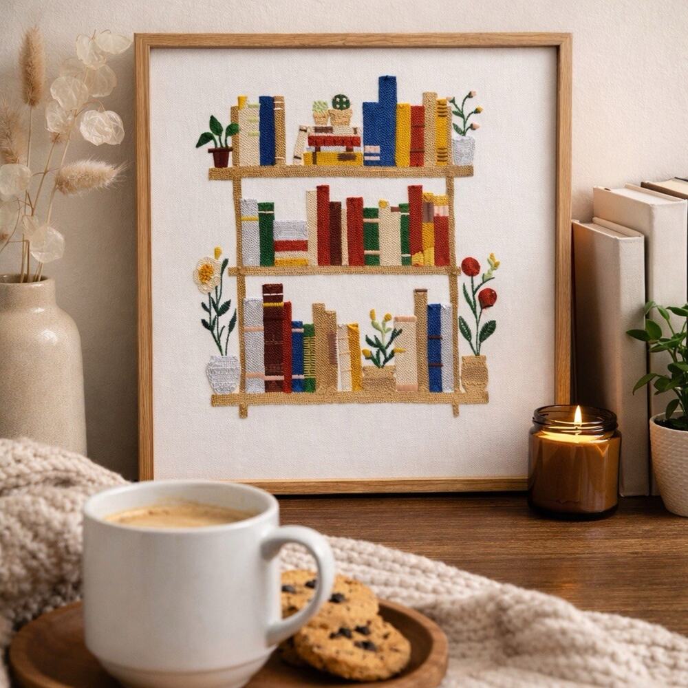 BP Embroidered Bookshelf Wall Art Framed Textile Bookish Boho Library Decor